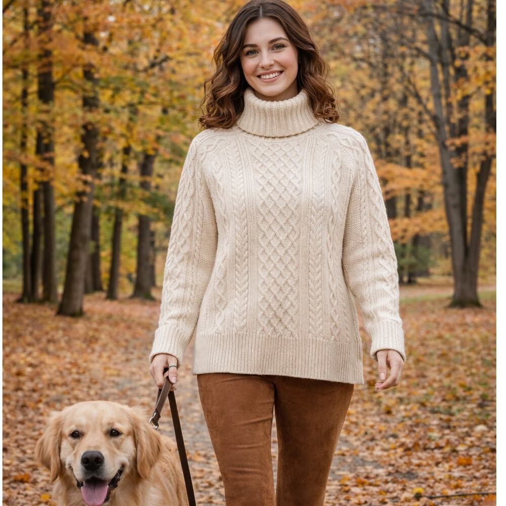 Madewell Cityblock Cable Knit Turtleneck Sweater Medium Ivory Cream Chunky